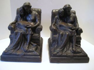 Vintage 1921 J.  Ruhl Large Bronze Bookends Mother & Child Reading In Chair photo