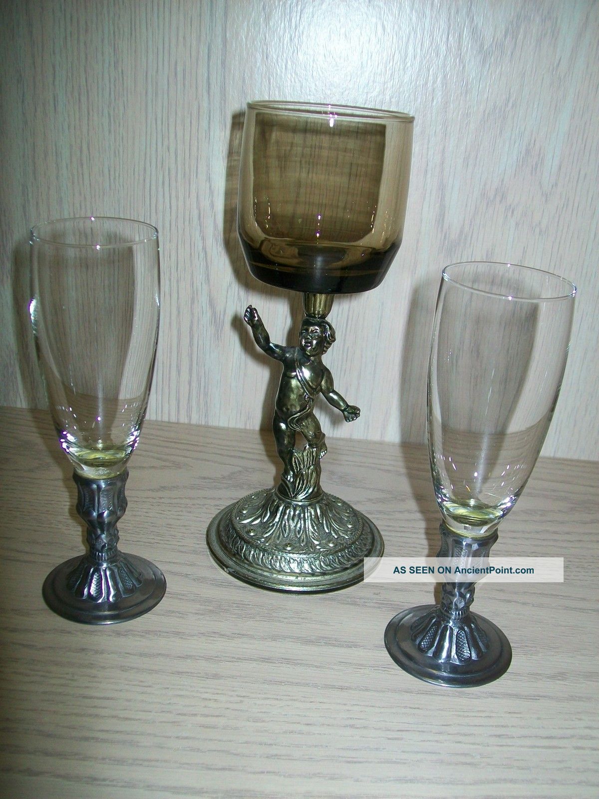Silver Antique Tone Metal Angel W/ Glass Candle Holder & Metal & Glass Goblets Metalware photo