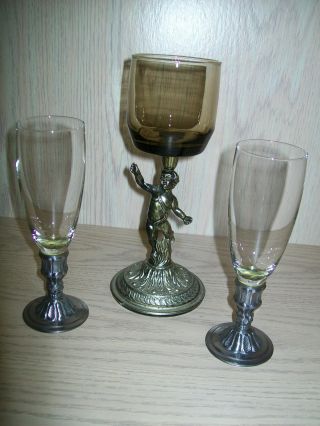 Silver Antique Tone Metal Angel W/ Glass Candle Holder & Metal & Glass Goblets photo
