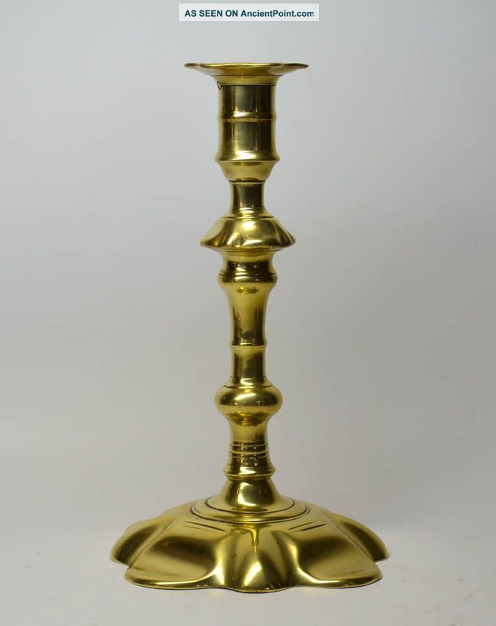 Lovely 18th Century Brass Petal Based Candlestick,  Twist - Eject Metalware photo