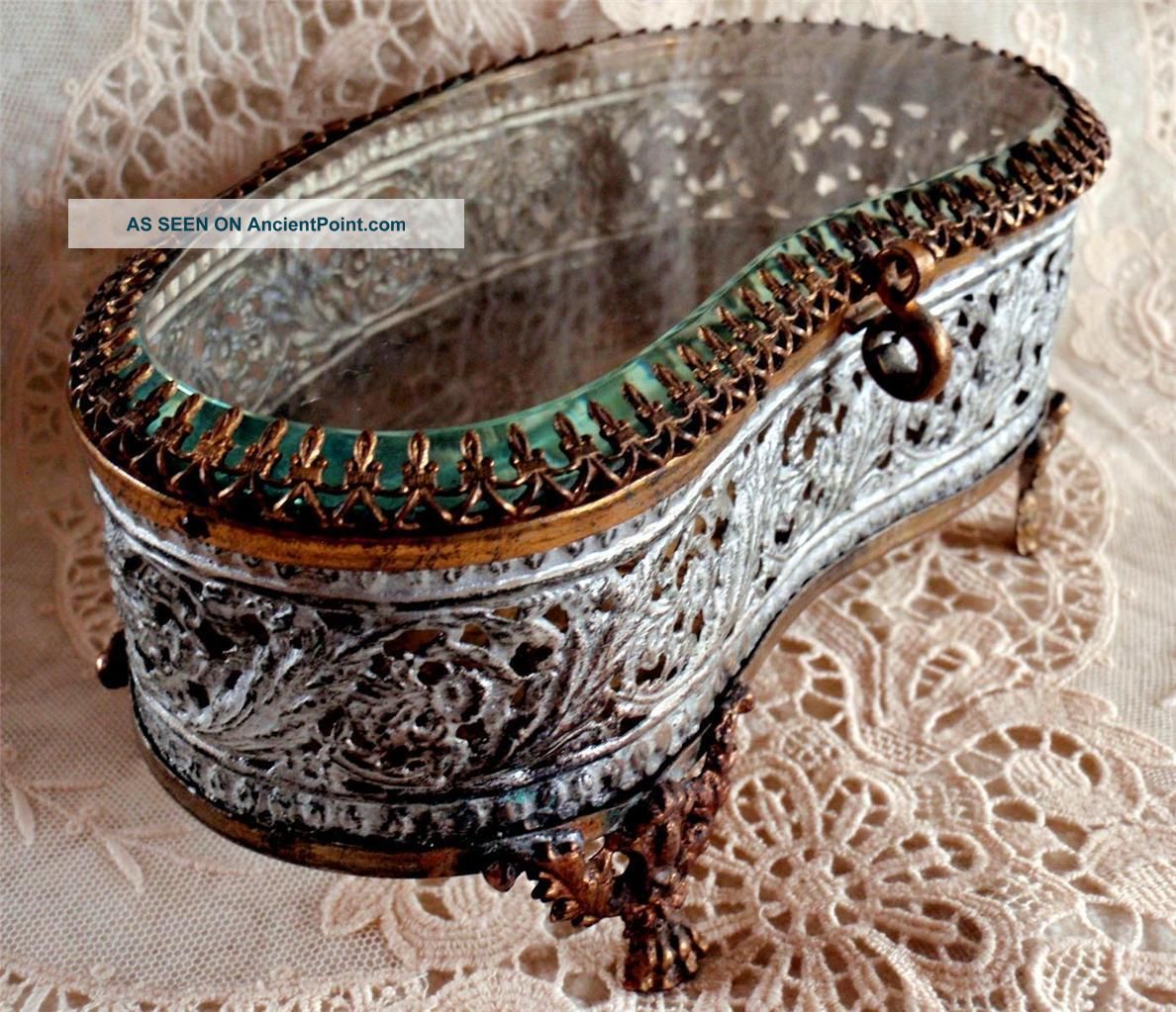 French Ormolu Filigree Beveled Glass Kidney Shaped Vitrine,  Box Paw Feet,  Hinged Metalware photo