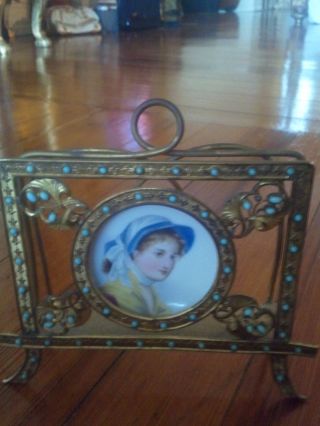 French Ormolu Turqoise Beads Portrait Limoges Plate Letter Holder Rare Vintage photo
