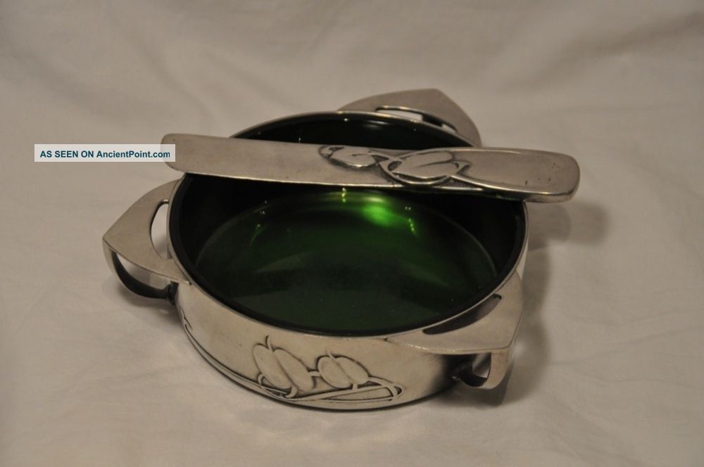 Archibald Knox Tudric Liberty & Co.  Pewter Butter Dish & Spreader Art Nouveau Metalware photo