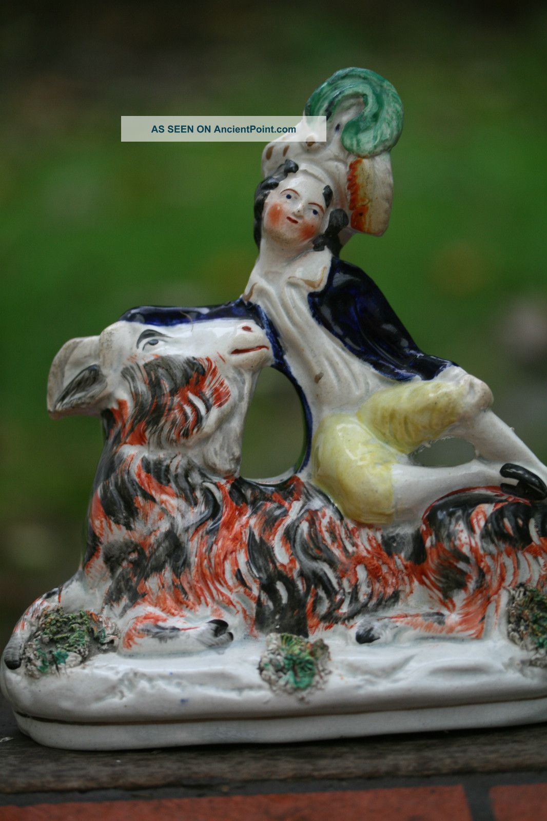 19th C.  Staffordshire Of The Seated Male Figure On The Bearded Goat Figurines photo