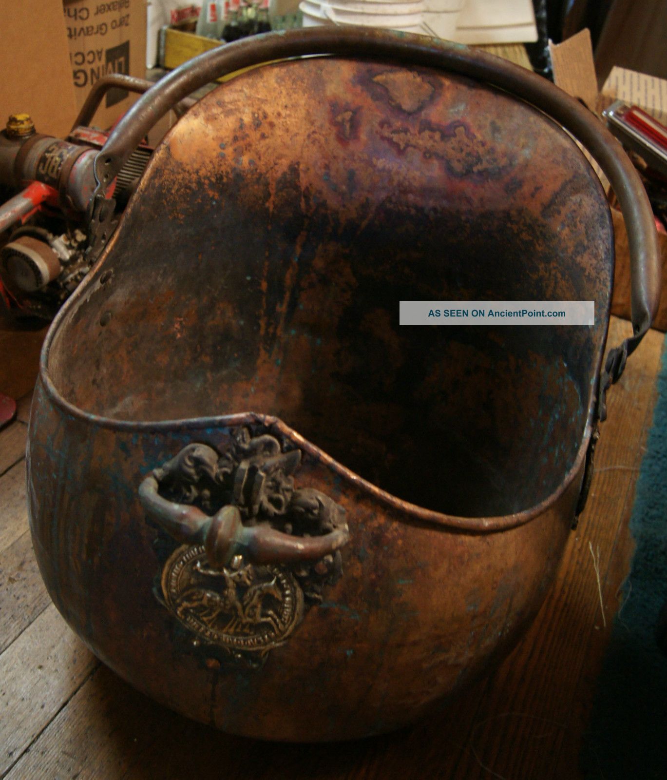 Antique Copper Victorian Coal Hod Ash Fireplace Bucket Scuttle Templar Crest Metalware photo