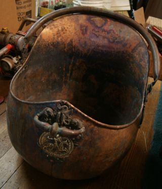 Antique Copper Victorian Coal Hod Ash Fireplace Bucket Scuttle Templar Crest photo