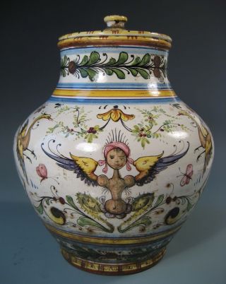Very Fine Italian Deruto Polychrome Majolica Lidded Urn Vase Ca.  18 - 19th Century photo