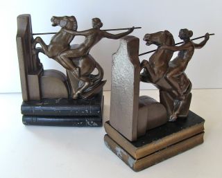 Rare Art Deco Woman Warrior On Rearing Horse With Spear Bookends photo