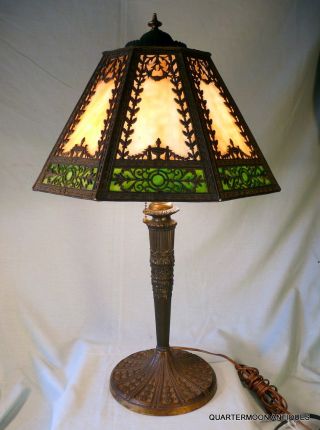 Antique Slag Glass Lamp,  Carmel,  Green Glass Panels,  25 Inches Tall,  Miller photo