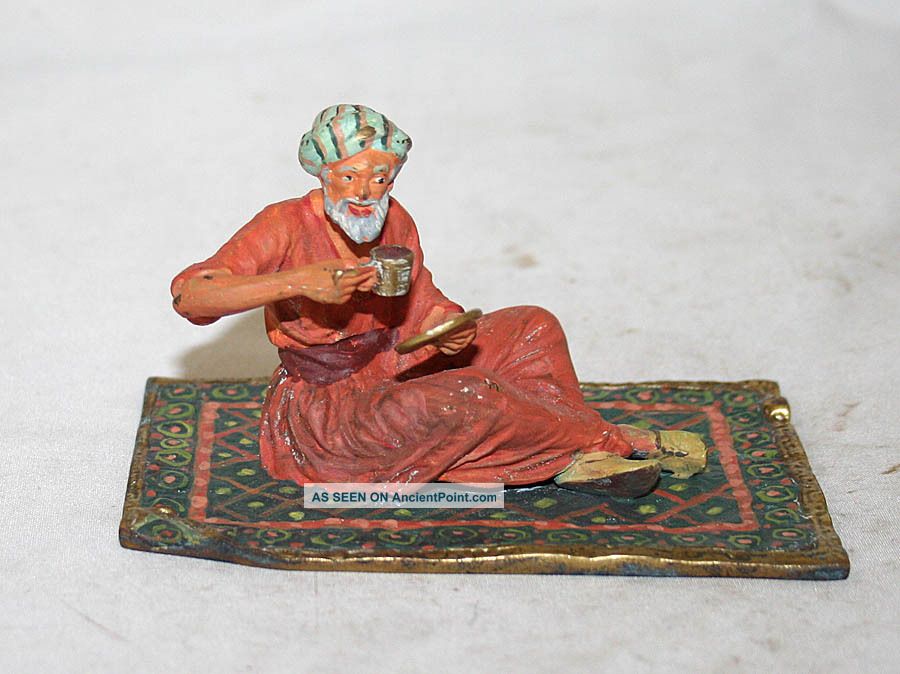 Austrian Antique Vienna Wiener Bronze Oriental Man On Carpet Bronze Enamel Metalware photo