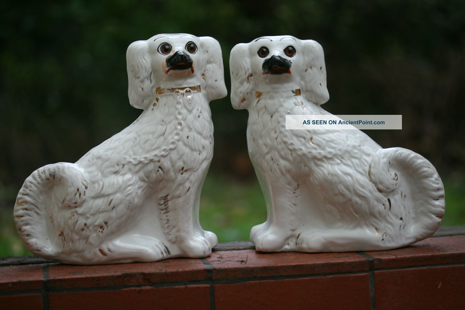 Pair Of 19th C.  Staffordshire White & Gilt Hearth Dogs With Glass Eyes Figurines photo