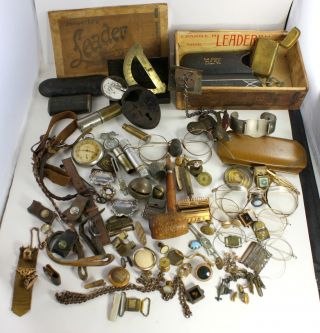 Huge Steampunk Lot Glasses Watch Victorian Jewelry Brass Razor Cases Parts Gold photo