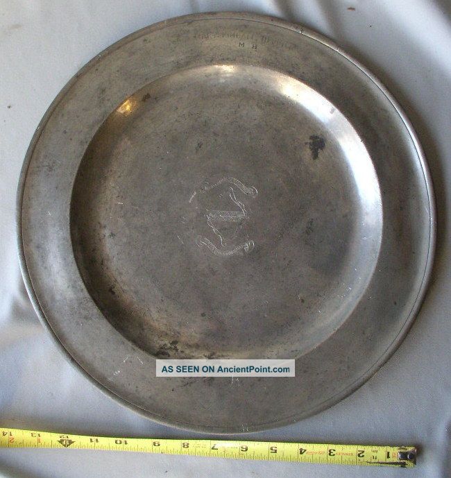 Rare Antique Pewter Charger Early 18th Century American English Engraved Herrick Metalware photo