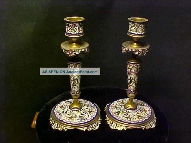 Exceptional C1800 French Champleve Enamel Candlesticks.  White Background Metalware photo