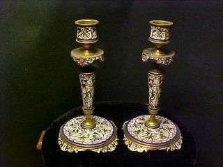 Exceptional C1800 French Champleve Enamel Candlesticks.  White Background photo