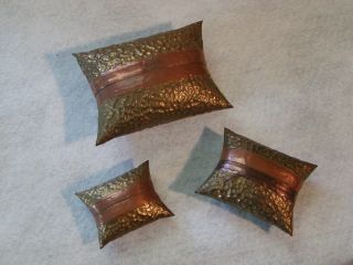 Lot 3 Hammered Brass Copper Pillow Box Graduated Set Dovetail Metal Purse Lined photo