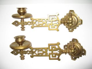 Antique Pair Of Two Victorian Piano Candle Holders Sticks Sconces Brass photo