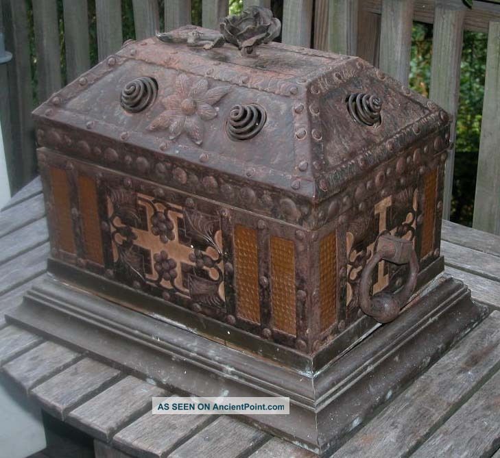 Antique 19c Arts Crafts Gothic Casket Exhibit Strong Box Armada Chest Appraisal Metalware photo