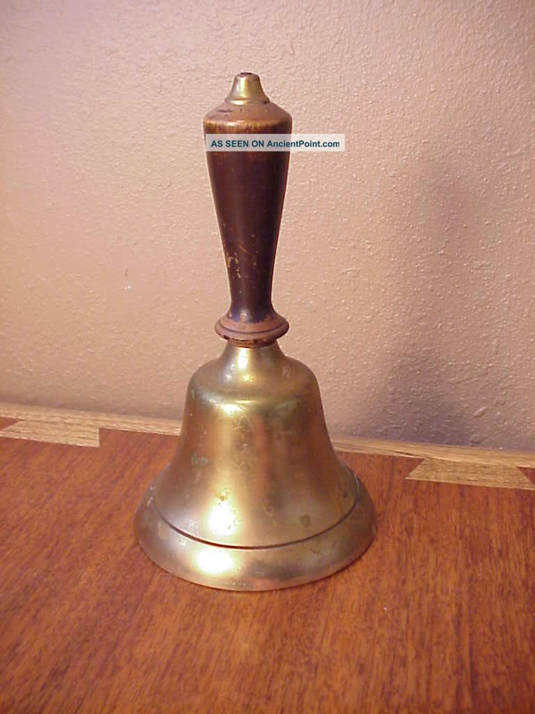Old Antique Brass School Bell Wood Handle Well Ring Metalware photo