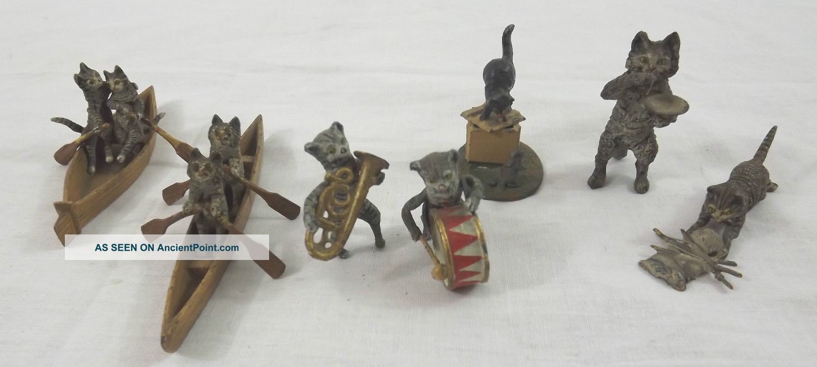Antique Cold Painted Cat Cast Metal Bronze 7 Kitten Figurine Metalware photo