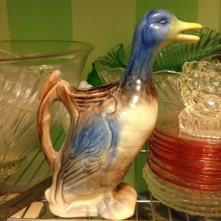 Majolica? Duck Pitcher Ceramic Pottery Blue Antique photo