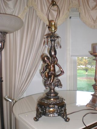Vtg Antique Large French Figural Bronze Metal Crystal Cherub Lamp Light photo