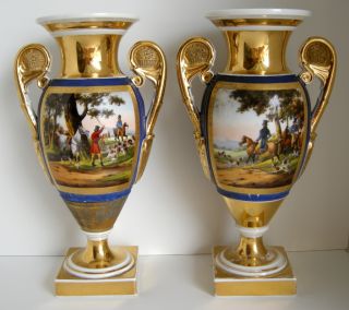 Pair Antique Sevres Style Porcelain Vase / Urn W/handles Fox Hunt Hunting Scene photo
