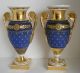 Pair Antique Sevres Style Porcelain Vase / Urn W/handles Fox Hunt Hunting Scene Vases photo 1