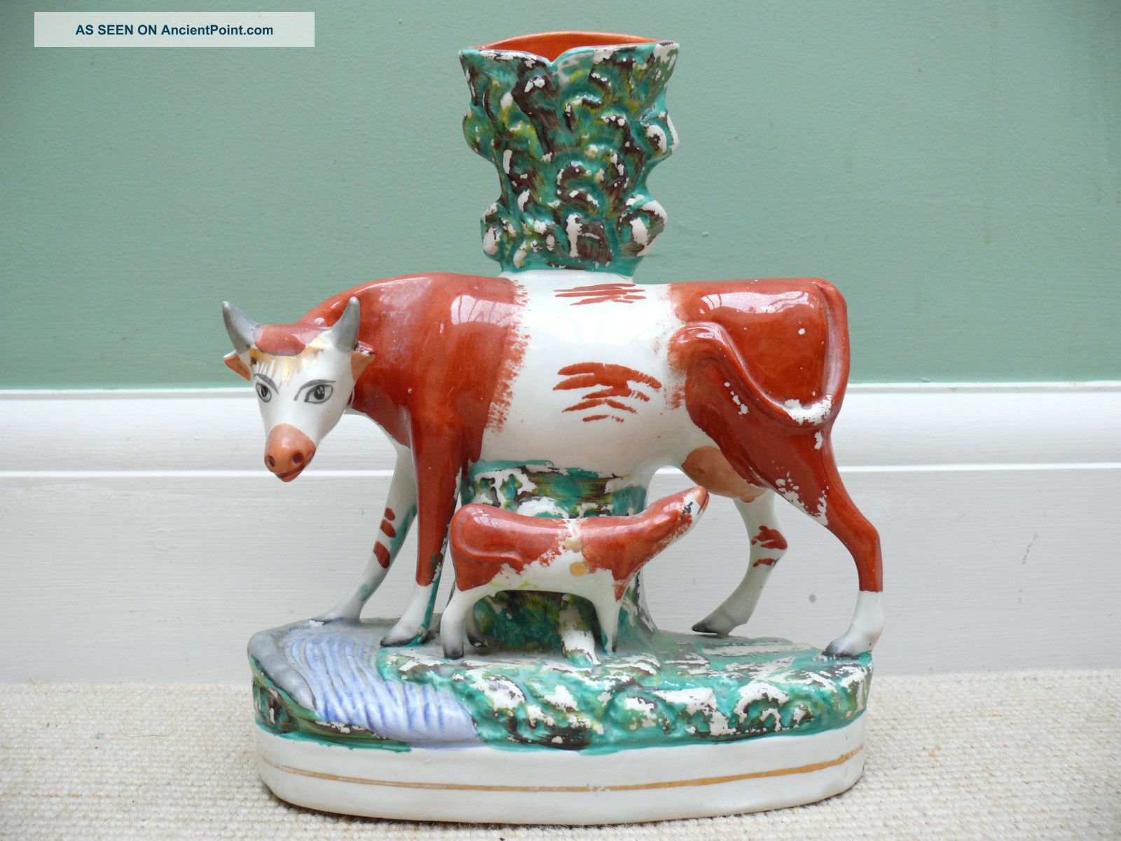 19thc Staffordshire Spill Figure Of Cow & Calf Figurines photo