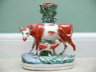 19thc Staffordshire Spill Figure Of Cow & Calf photo