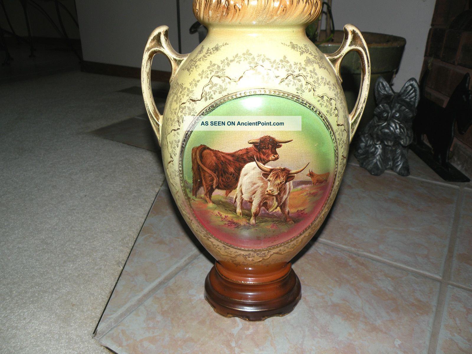 Antique Porcelain Hand Painted Vase England Scottish Highland Cattle Pink Rose Vases photo