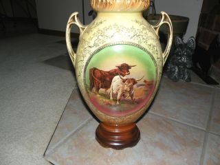 Antique Porcelain Hand Painted Vase England Scottish Highland Cattle Pink Rose photo