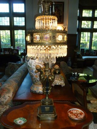 Large Pair Hollywood Regency? Cherub Lamps With Prisms And Brass Filigree photo