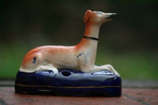 & Orig.  19th C.  Staffordshire Recumbent Greyhound With Pen Holder To Base photo