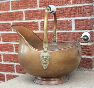 Copper Coal Scuttle Bucket Delft Porcelain Handles Brass Lion Head Decorations photo