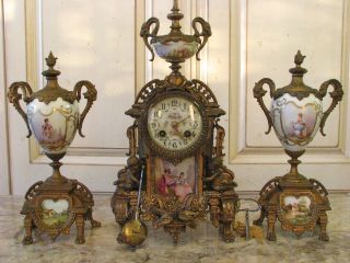 Fine French Sevres Painting Porcelain Gilded Cast Iron Mantel Clock Set Urn photo