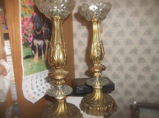 Pair Of Antique Vintage Brass Metal With Glass Candle Stick Holders Gorgeous photo