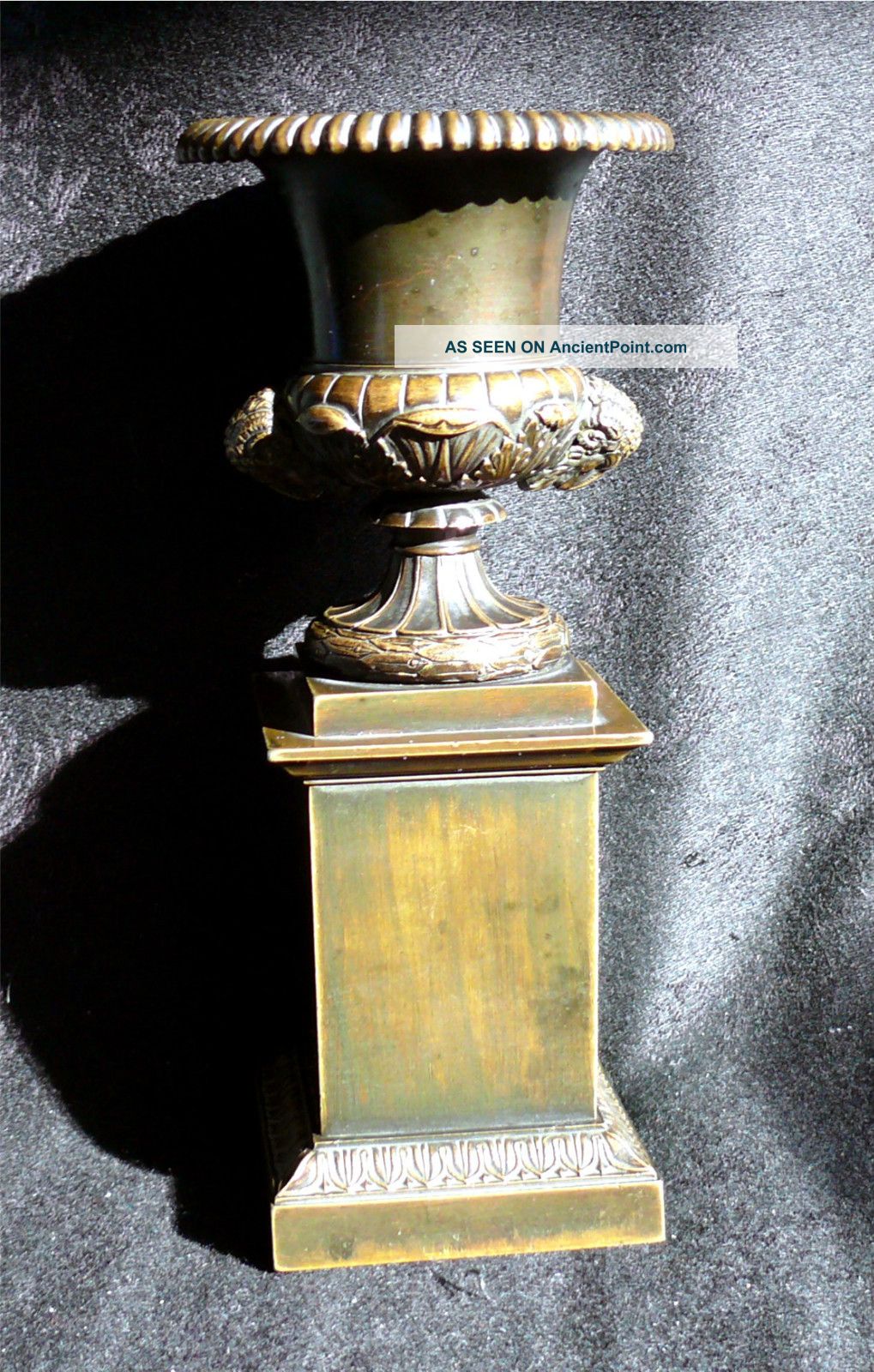 Sm.  Antique Bronze Urn On Pedestal Base Ram ' S Head & Acanthus Leaf Metalware photo