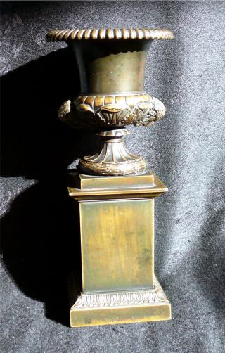 Sm.  Antique Bronze Urn On Pedestal Base Ram ' S Head & Acanthus Leaf photo