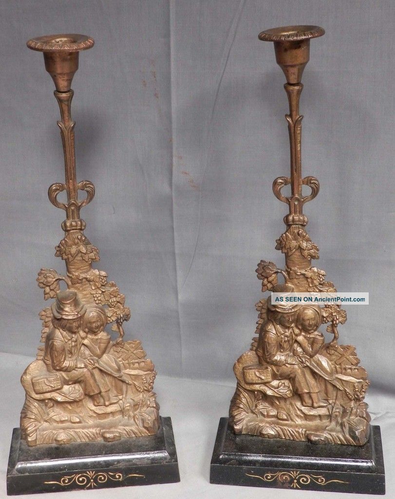 Pair Antique Victorian Eastlake Figural Candlestick Cast Brass Iron Gilt Lovers Metalware photo