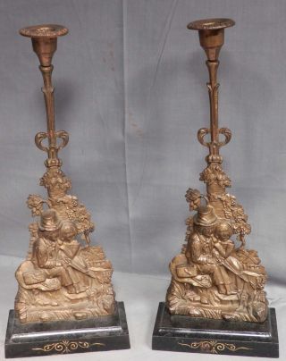 Pair Antique Victorian Eastlake Figural Candlestick Cast Brass Iron Gilt Lovers photo