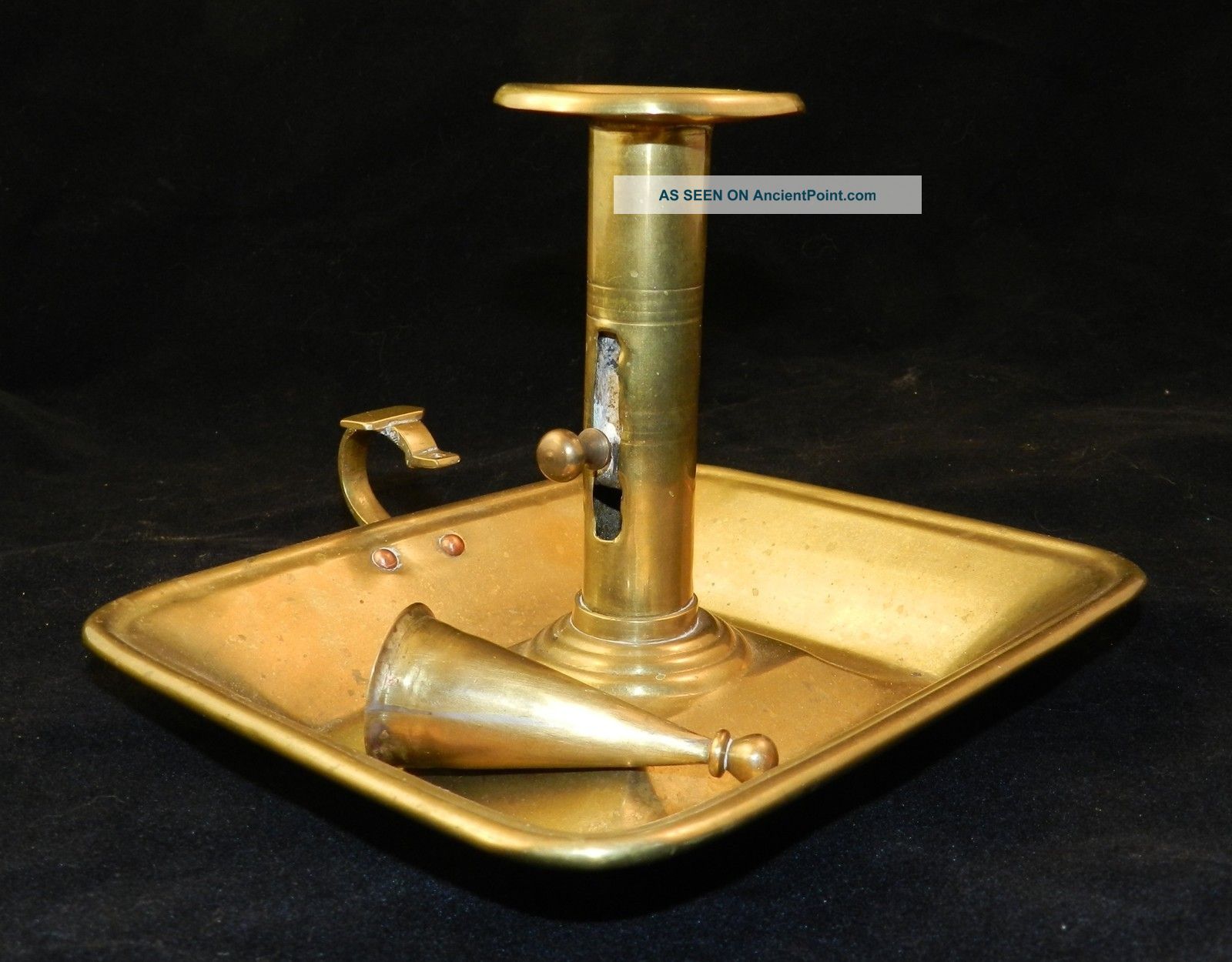 19th C.  Brass Push - Up Chamber Stick With Snuffer Metalware photo