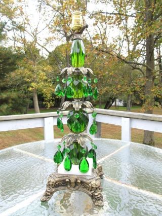 Vintage Emerald Green Crystal Prism Marble Figural French Base Lamp photo