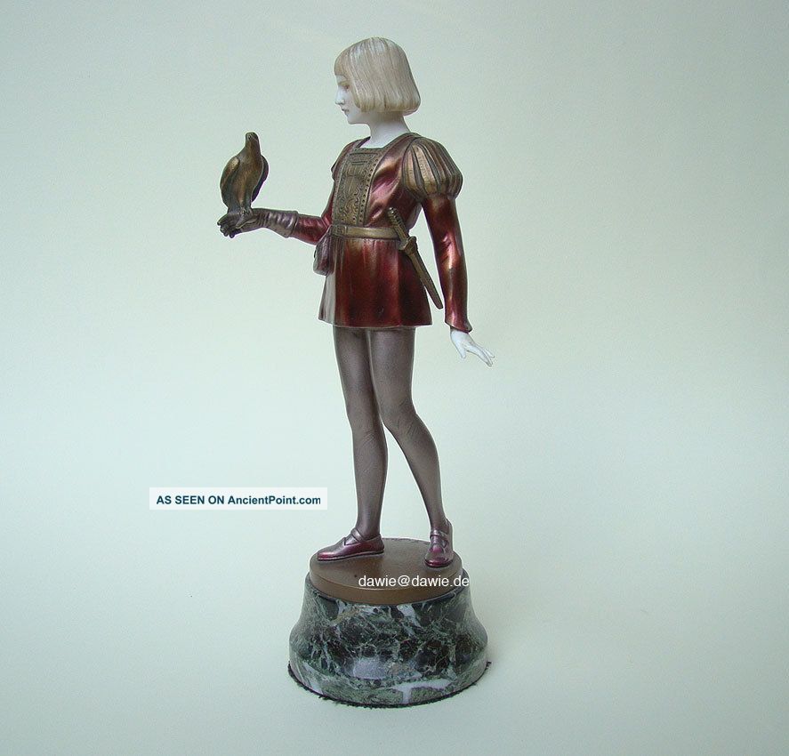 Art Deco Bronze Boy Carved F.  Preiss Group Falconer Chryséléphantine C.  1925 Metalware photo