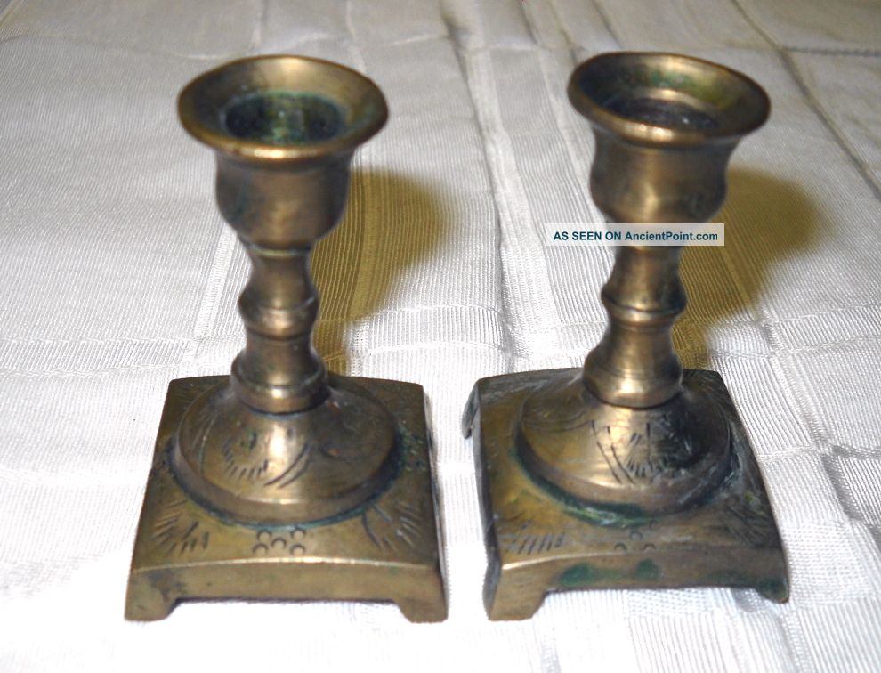 Pair Of Miniature Turned Solid Brass Candlesticks - About 2 