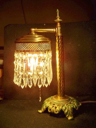Antique Art Deco Table Or Desk Lamp W/cut Crystal Lustres,  1920s,  Nr photo