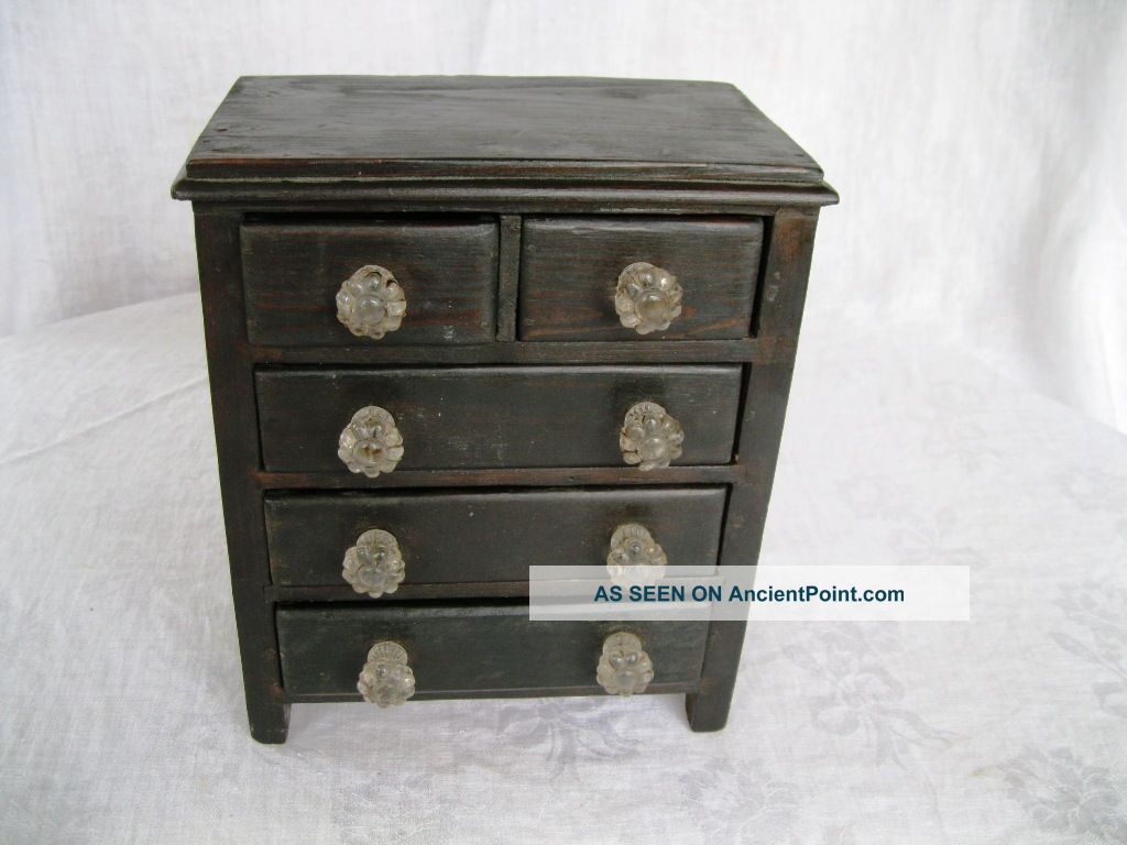 Antique Primitive Wood Spice Box Cabinet Old Paint Glass Pulls Nr Boxes photo