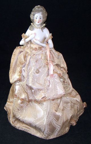Antique Porcelain Fancy Dressed Half 1/2 Doll Boudoir Lamp Light Frame Orig Cord photo