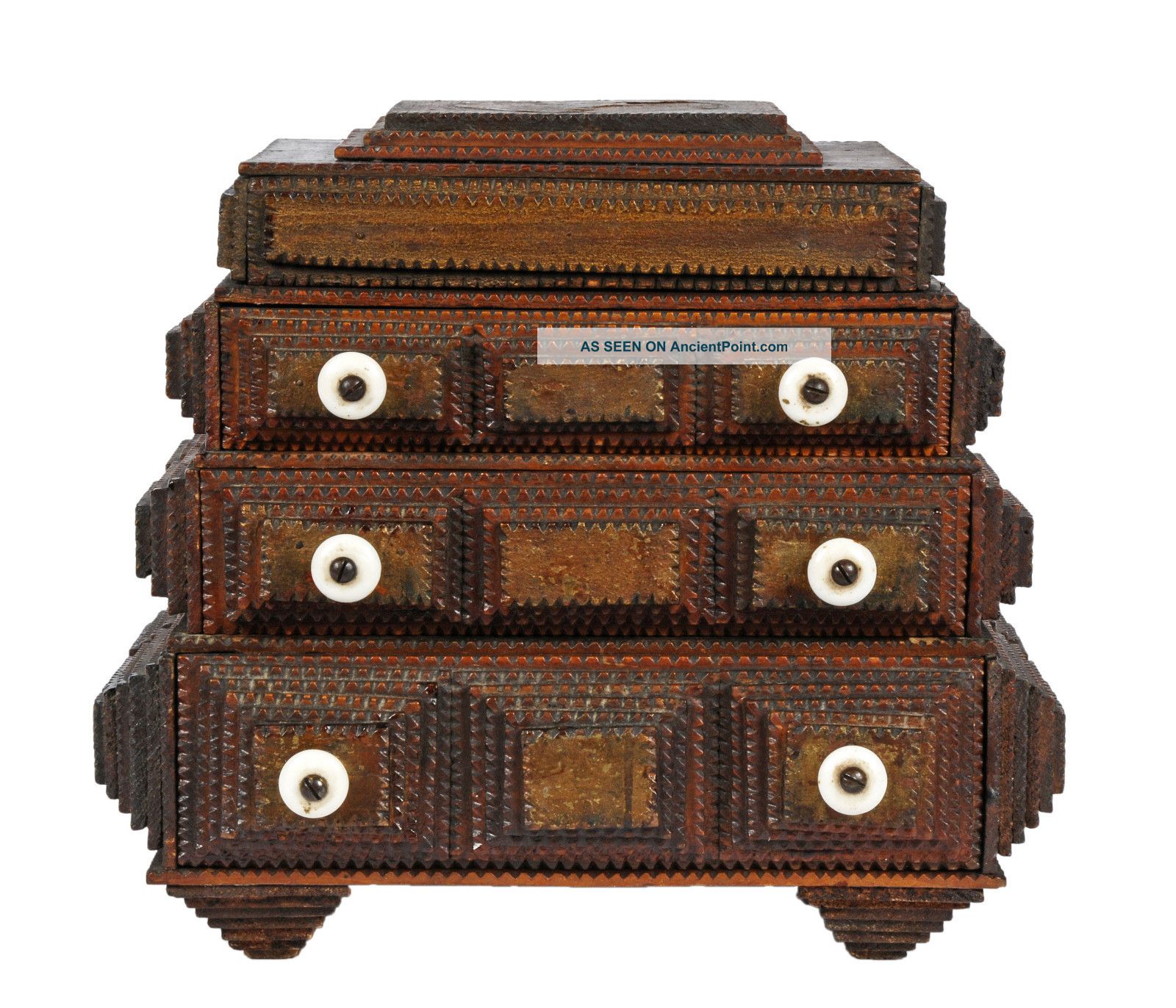 Fine Tramp Art Ziggurat Box With Stacked Layering,  Three Drawers & Lift - Top Boxes photo