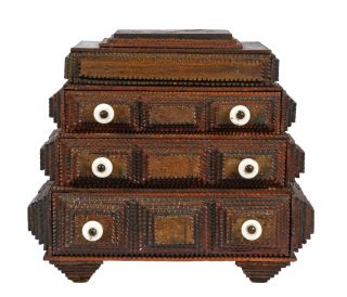 Fine Tramp Art Ziggurat Box With Stacked Layering,  Three Drawers & Lift - Top photo